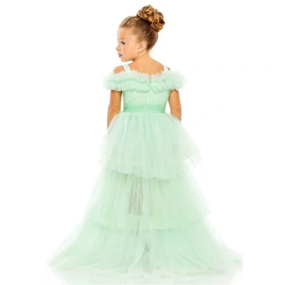 NWT $598 MAC DUGGAL GIRLS RUFFLED TULLE MINT SAGE GOWN DRESS MAXI TRAIN 20586 - Picture 2 of 6